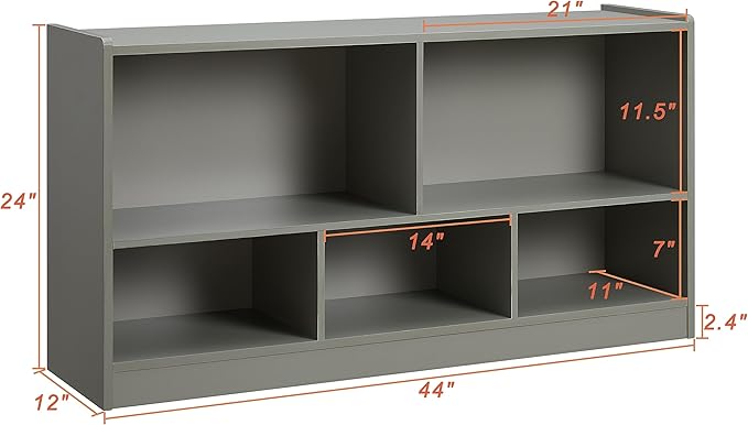 Kids Toy Storage Organizer, 5-Section Storage Cabinet for Organizing Books Toys, Wooden Bookshelf Daycare Furniture for School, Classroom Playroom, Nursery, Kindergarten (Gray)