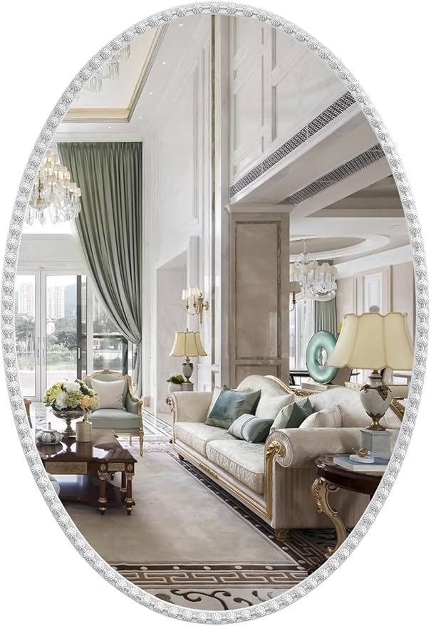Oval Bathroom Mirror, 24x36 Inch Floral White Oval Mirrors for Wall, White Metal Floral Frame Mirrors for Bedroom Living Room Hallway, Hangs Horizontally or Vertically