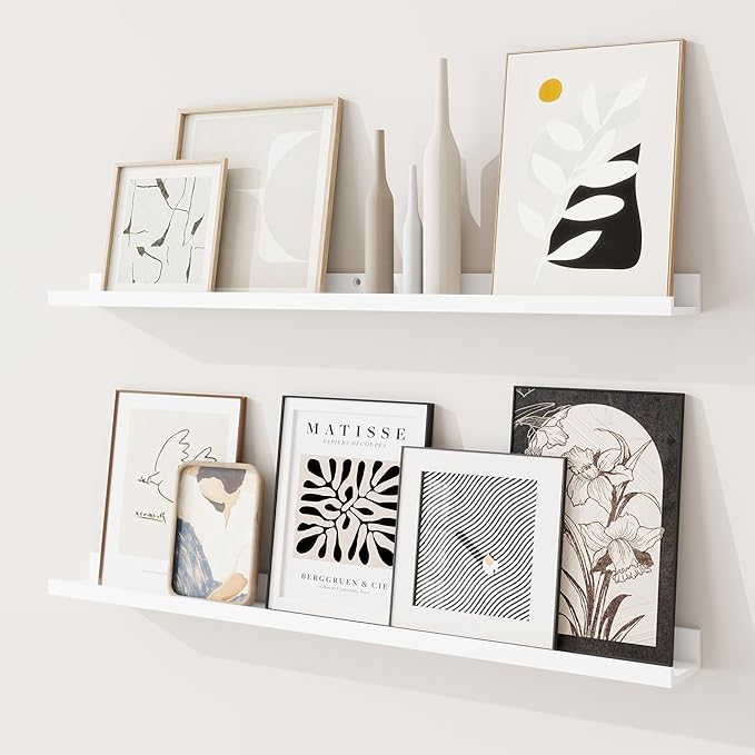 RICHFOCUS Picture Ledge Shelf, 36 inch Floating Shelves Set of 2, Wood Wall Shelves with Lip, Wall Decor Storage for Bedroom Living Room Bathroom Kitchen Nursery Photo Picture, White