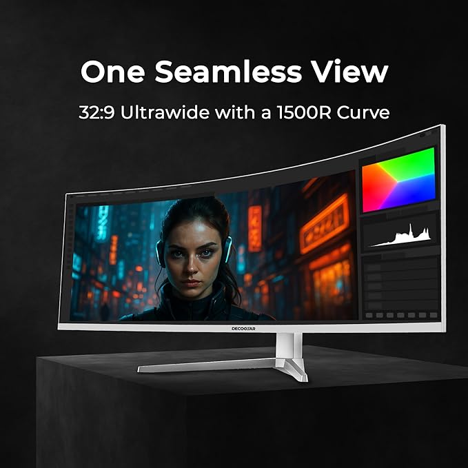 Deco Gear 49" Curved Ultrawide 5K Gaming Monitor, 32:9, 120 Hz, 101% NTSC 100% sRGB, USB-C 65W, Adjustable, Home Office and Entertainment Workstation - Exclusive White Edition
