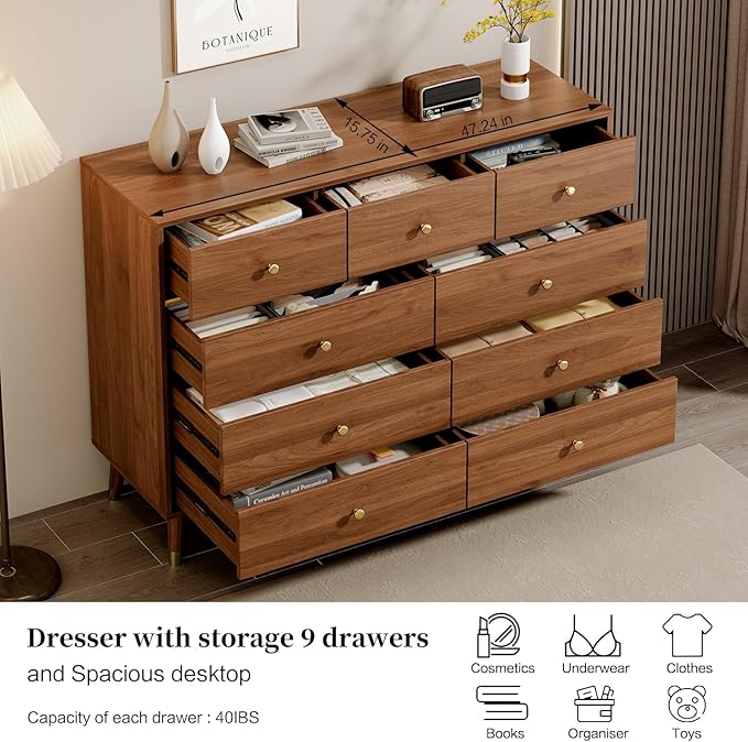 Modern Chest of Drawers with 9 Drawers,Deep Drawers,Clothes Organizer,Large Storage Cabinet for Living Room, Bedroom,Hallway,with Anti-Tipping Device,Brown
