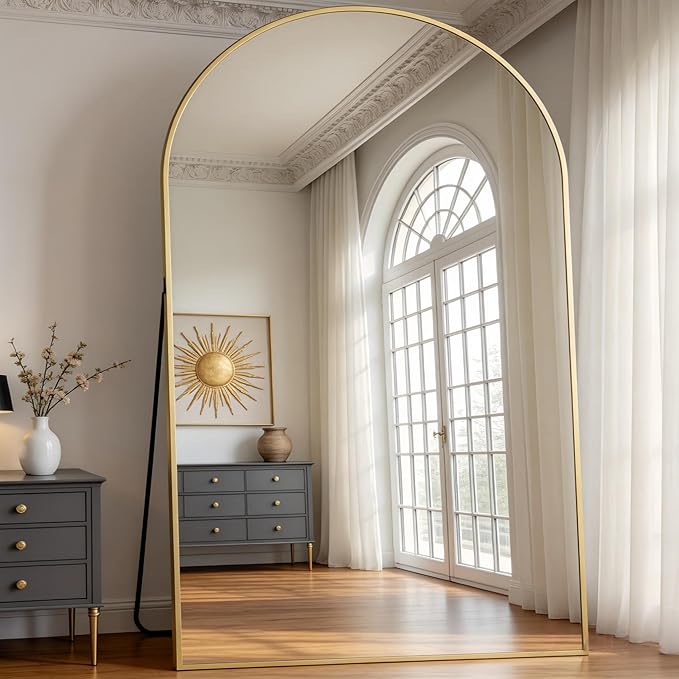 Dewfig Arched Full Length Mirror, 90"x46" Large Floor Mirror with Stand, Oversized Full Body Mirrors for Leaning or Hanging, Wall Mounted Mirrors for Bedroom, Living Room,Dressing Room, Gold