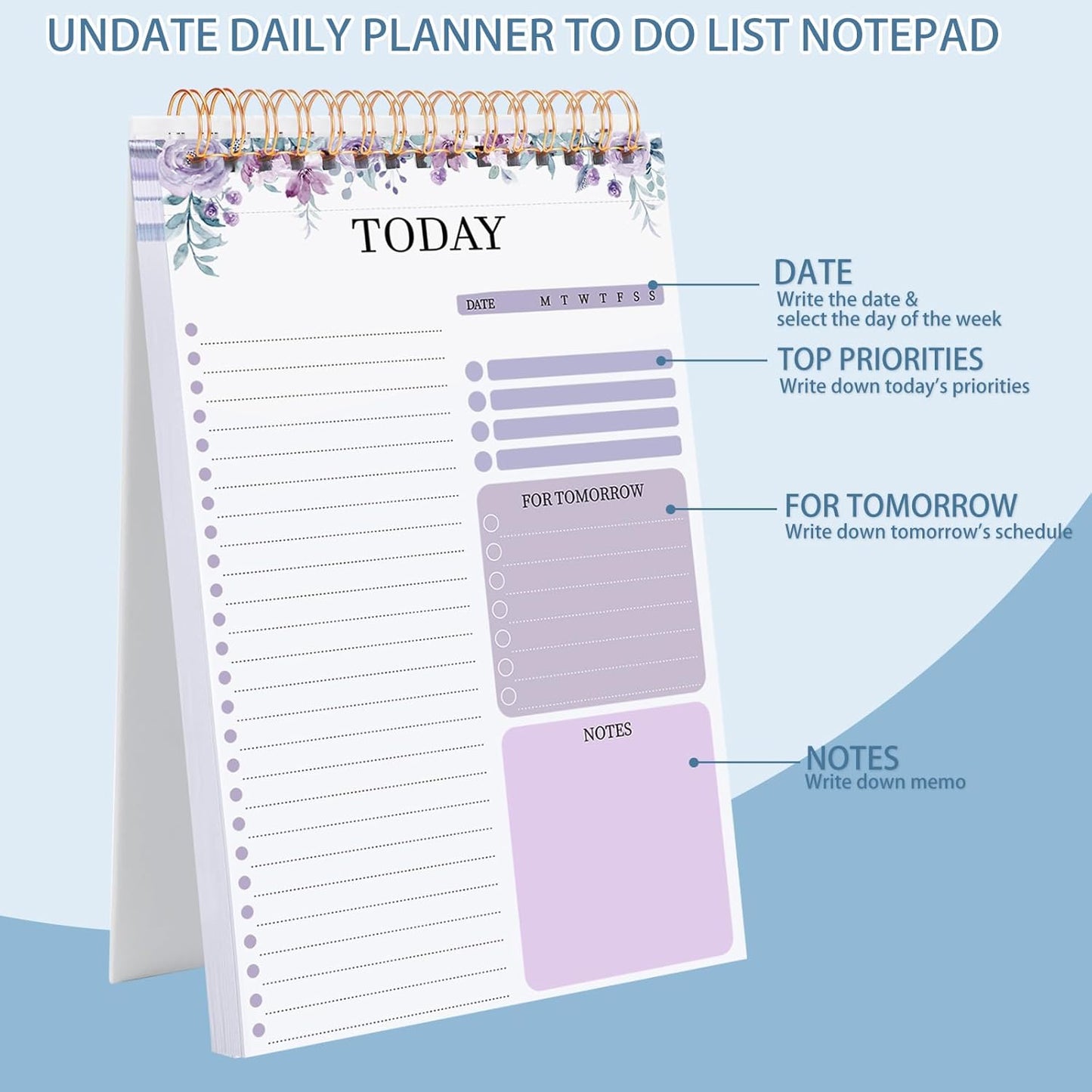 Thboxes To Do List Notepad - 208 Pages A5 Undated Daily Planner with Transparent Cover | Purple & Blue