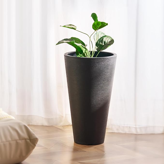 VEVOR Set of 2 Tall Planter for Outdoor Indoor Plants 24inch, Black Round Large Planters for Front Porch, Patio, Tall Taper Flower Tree Plant Pots with Modern Design and Built-in Drainage