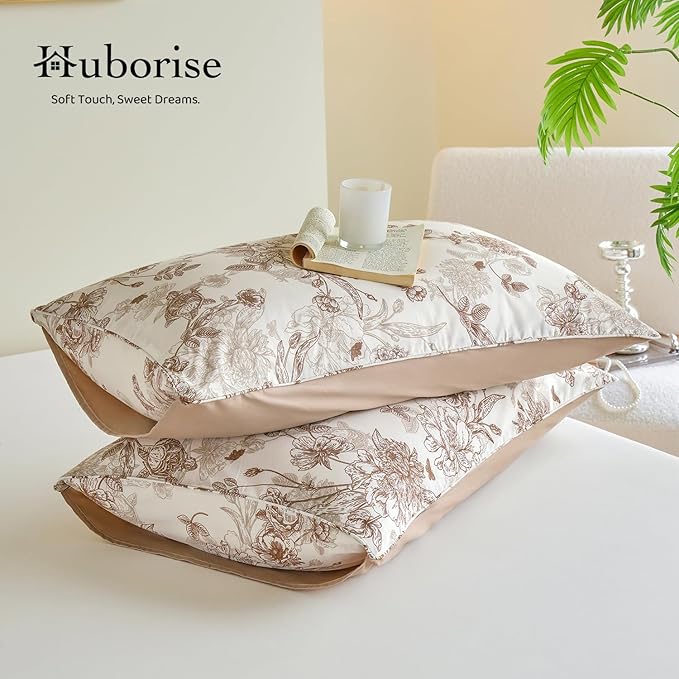 Brown Floral Duvet Cover Set 100% Percale Cotton King Size Shabby Vintage Toile Flower Printed Comforter Covers with Zipper, Soft & Breathable French Country Bedding 3Pcs-Not Comforter
