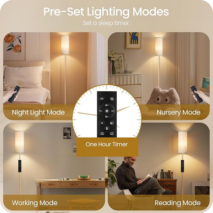2 Pack Wooden Textured Pole Lamps, Dimmable Floor Lamp for Living Room with Remote and Foot Switch, 64.4” Standing Tall Lamp, Corner Light for Bedroom, Bulb Included, 3000K-6500K, XE06LDP205W1