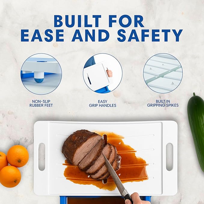 XL Meal Prep System Cutting Board - Large Cutting Board with Juice Groove, Spikes, Drip Tray & Removable Surface - Carving Board - BBQ Essential & Kitchen Gifts - BPA Free Cutting Board - Blue