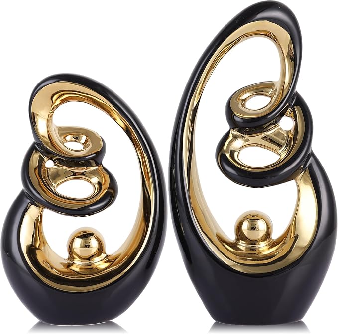 Black Ceramic Abstract Sculpture Statue,Mid Century Modern Gold Accent Decor,Porcelain Statues Art Deco Gold Show Piece for Home - Contemporary Tv Stand End Table Centerpieces (Black Gold)