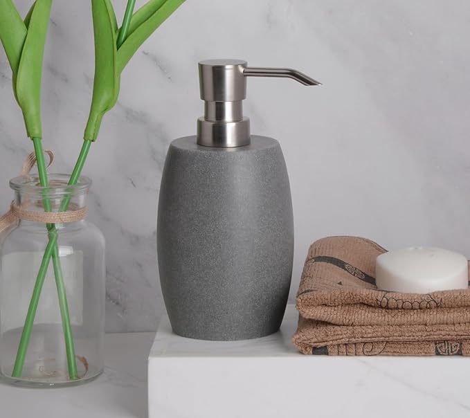Clasin Home Sandstone Textured Resin Soap Dispenser with Metallic Pump and Waterproof Bottle Labels for Bathroom Kitchen Dish Hand Wash Shower Lotion Shampoo, 12 Oz, Gray