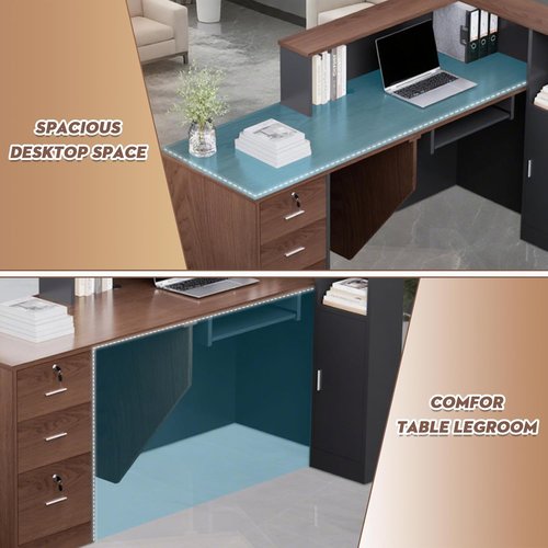 **Skiennix L-Shaped Reception Desk - Modern Wooden Design with Storage Shelves | Brown & Black, 71''L x 42''W x 41''H**