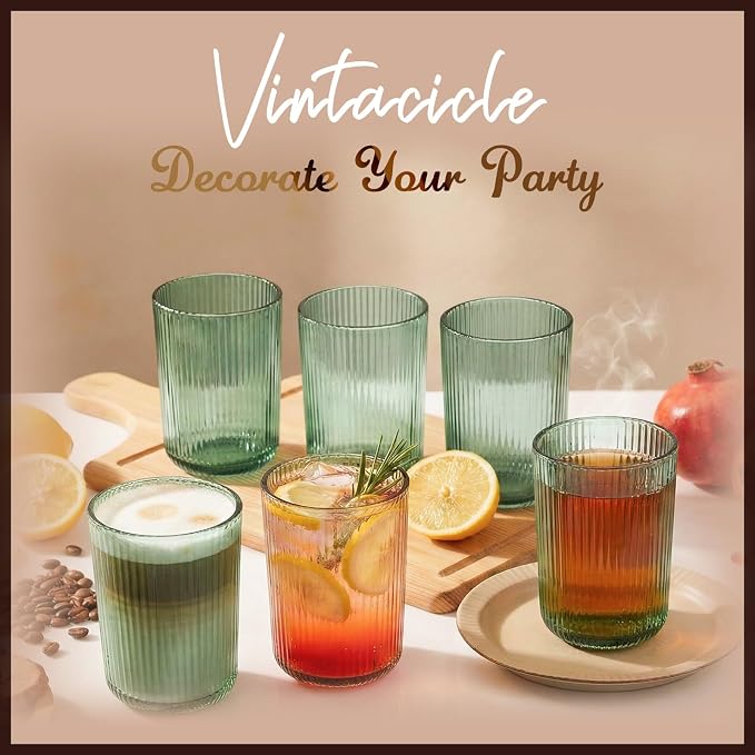 Green Ribbed Highball Glasses Set of 6, 13.2oz Sage Green Colored Glassware, Drinking Glasses for Water, Juice, Iced Coffee, Cocktails, Green Glass Cups, Housewarming Christmas Gift