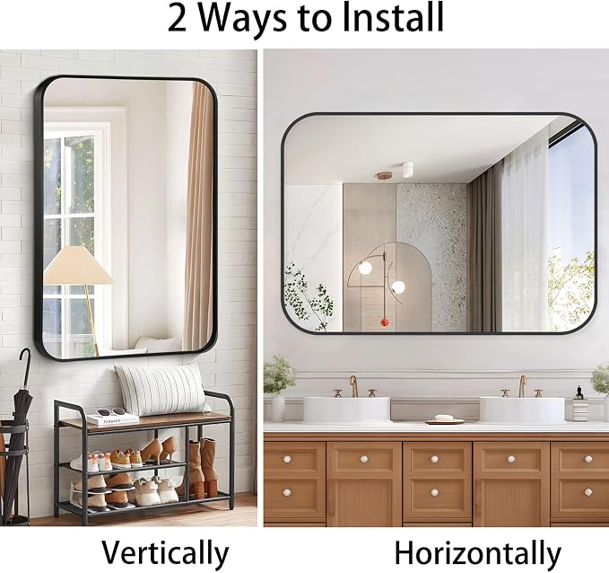 20x30 Inch Black Wall Mirror for Bathroom, Brushed Metal Framed Mirror with Rounded Corner, Rectangle Bathroom Vanity Mirror for Bedroom or Living Room, Horizontal/Vertical