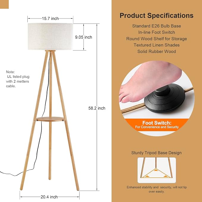 Wood Tripod Floor Lamp with Shelf & 3 Color Temparature LED Bulb, Modern Nordic Wooden Standing Floor lamp Linen Shade for Living Room, Bedroom, Office, ETL Listed/Natural Wood Color
