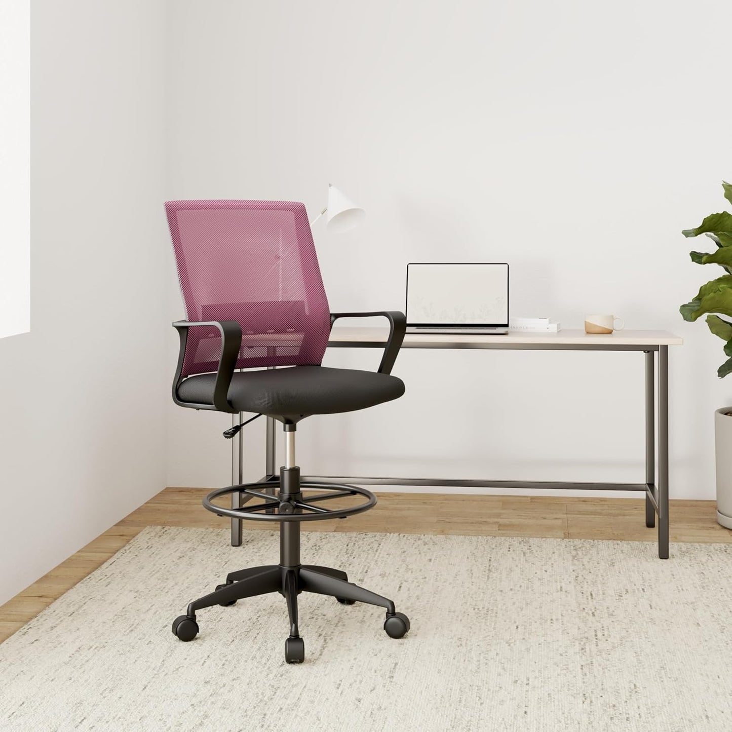 Skiennix Drafting Chair - Adjustable Tall Office Chair with Lumbar Support & Footrest | Pink