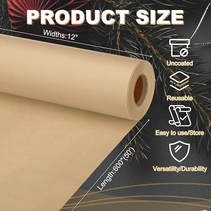 PATIKIL Wrapping Paper, 12"x600"(50') Bulletin Board Paper Roll Kraft Paper Roll Construction 80GSM for Shipping Packing Gift Wrapping Craft Flower Bouquet Christmas, Brown