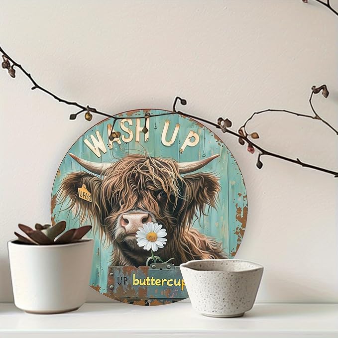 Round Aluminum Highland Cow Wall Art Sign with Daisy - Waterproof, UV Resistant Wash Up Buttercup Metal Poster Board for Cafe, Bedroom, Bar, Living Room Decor, 8x8 inch