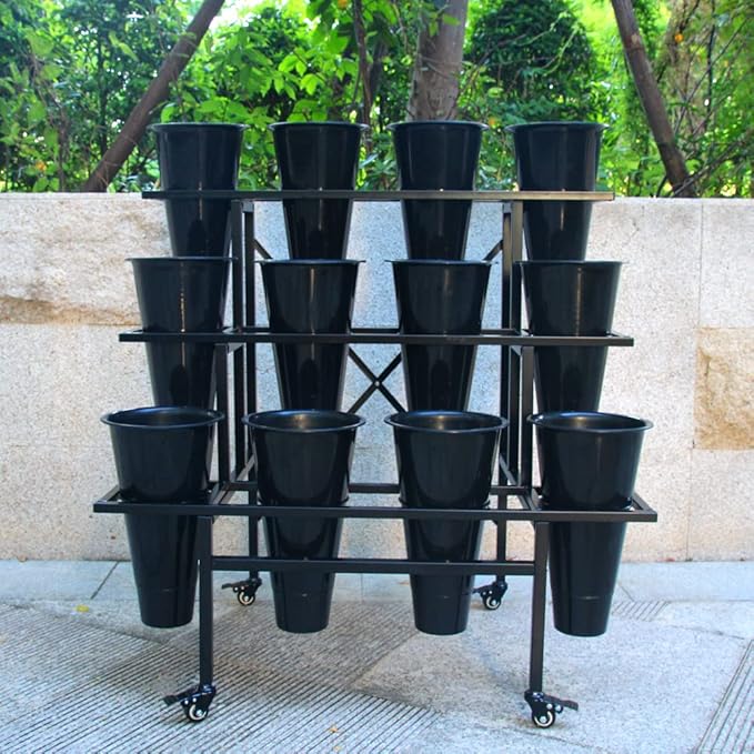 Zhongma 3 Tier Metal Flower Display Stand with 12pcs Plastic Buckets for Fresh Flowers Heavy Duty Garden Cart Moving Flower Bucket Stand with Wheels