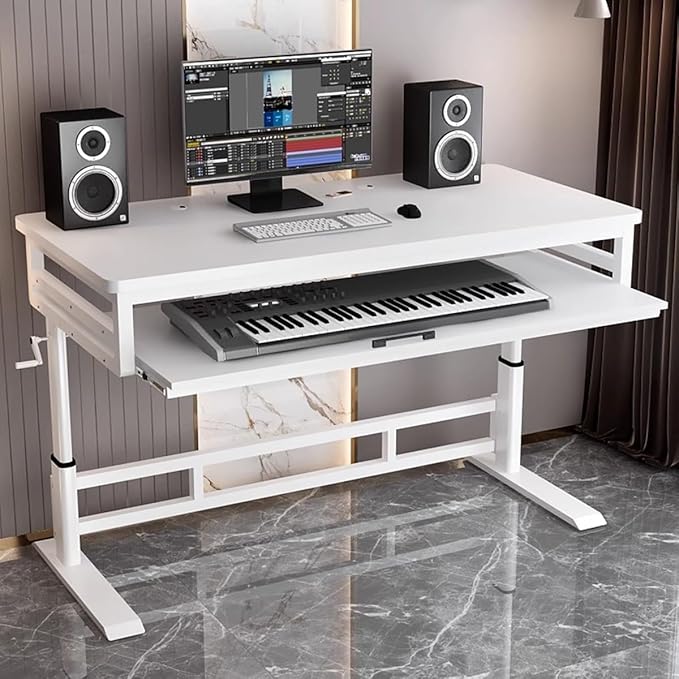 Studio Desk with Keyboard Tray | Hand-Crank Adjustable Standing Desk Workstation for Music Production, Cable Management, MIDI Keyboard Shelf (White, 70in)