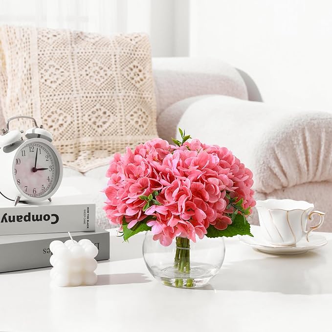 Artificial Flowers Hydrangea Artificial Flowers with Vase Silk Fake Flowers Arrangements in Vase with Faux Water for Home Bathroom Office Table Centerpiece Shelf Decorations (Pink)