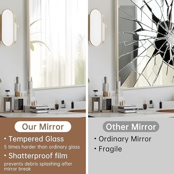 Brushed Nickel Bathroom Mirror, 30"x36" Rectangle Mirror, Brushed Mirror, Metal Frame Square Corner Vanity Mirror, Wall Mounted Mirror for Modern, Living Room, Bedroom, Horizontal Or Vertical