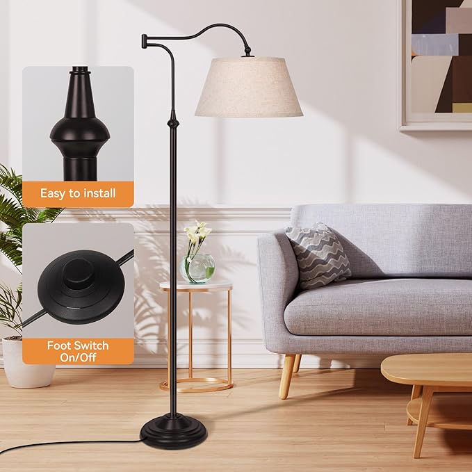 Swing Arm Floor Lamp, Arc Floor Lamps with 180° Adjustable Cantilever for Living Room, Mid Century Standing Lamp with Linen Shade, Tall Lamps for Bedroom Living Room Office Reading Room (Brown)