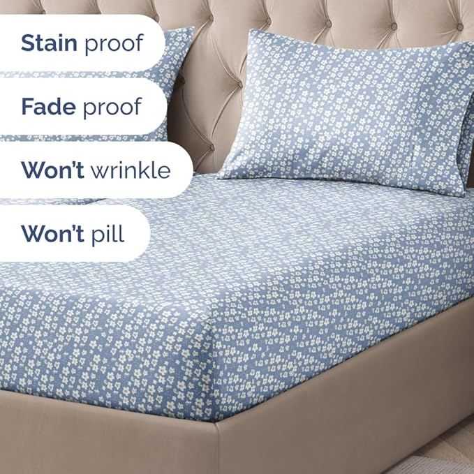 Floral Sheets - Blue Floral Bed Sheet Set - 1 Flat, 2 Fitted & 2 Pillowcases w/ Deep Pockets - Wrinkle & Fade Free - Boho Botanical Bedding - Ultra-Soft, Breathable and Cooling - Split King Size Set