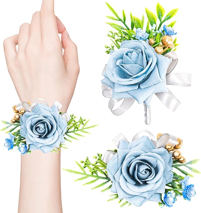 2 Pcs Blue Rose Wrist Corsage and Boutonniere Set, Rose Corsage Hand for Women, Boutonniere for Men Wedding Artificial Flowers Accessories Prom Decor, Wedding Flower Party Accessories (Blue)