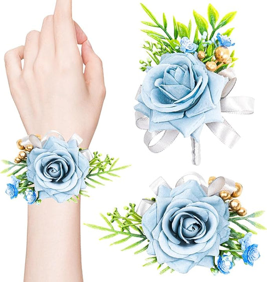 2 Pcs Blue Rose Wrist Corsage and Boutonniere Set, Rose Corsage Hand for Women, Boutonniere for Men Wedding Artificial Flowers Accessories Prom Decor, Wedding Flower Party Accessories (Blue)