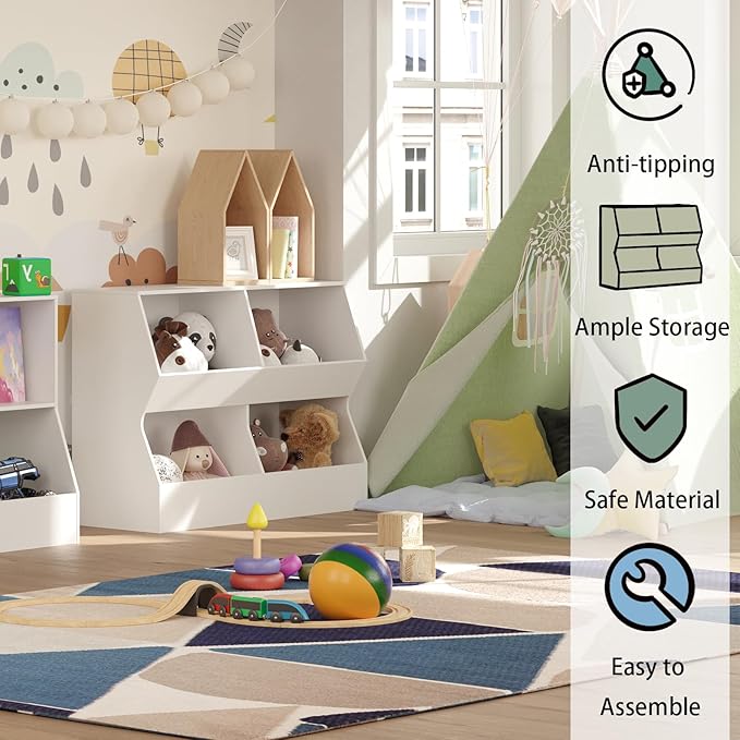 DINZI LVJ Kids Bookshelf, Toy Storage Organizer, Wooden Toy Cabinet, 4 Cubby Children Bookcase, 39.4" L Toddler Book Shelf for Bedroom, Nursery, Hallway, School, White