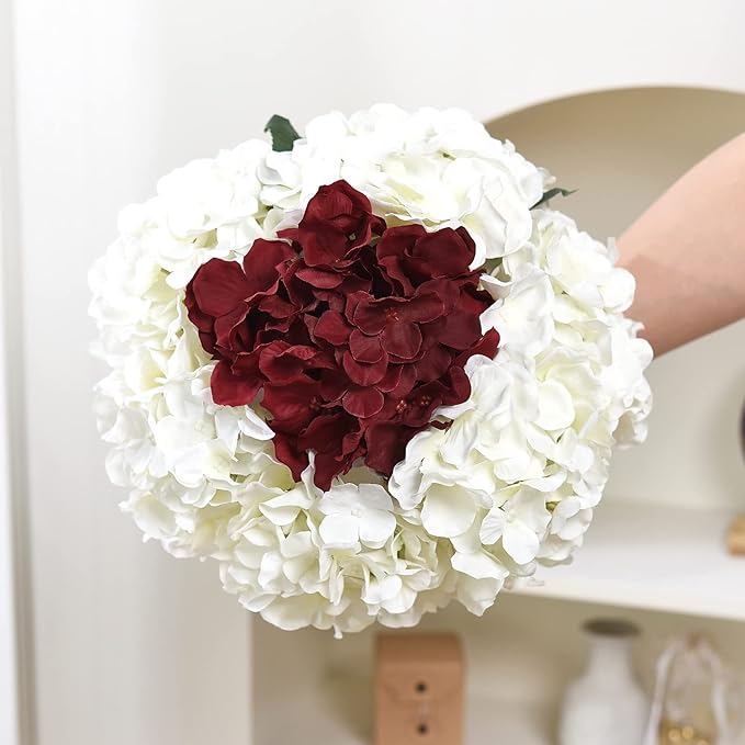 10PCS Artificial Hydrangea Flowers, Fake Hydrangea Silk Flowers Heads with Stems for Wedding Home Party Shop Baby Shower Decoration-Claret Red