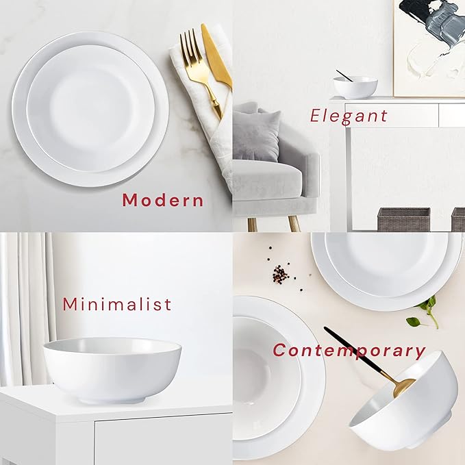 Safdie & Co. 12-Piece Modern Porcelain Ceramic Rim Aspen Dinner Set, Stackable, Lightweight Design for Everyday Use, in White Sketch