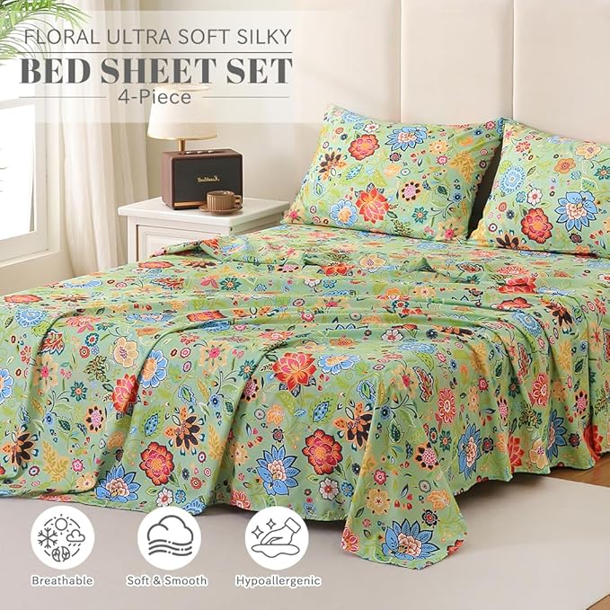Bedlifes Queen Sheet Set Ultra Soft, Breathable, Silky Flower Deep Pocket 100% Microfiber Bedding, 4 Piece Queen Size with Floral Sage Green