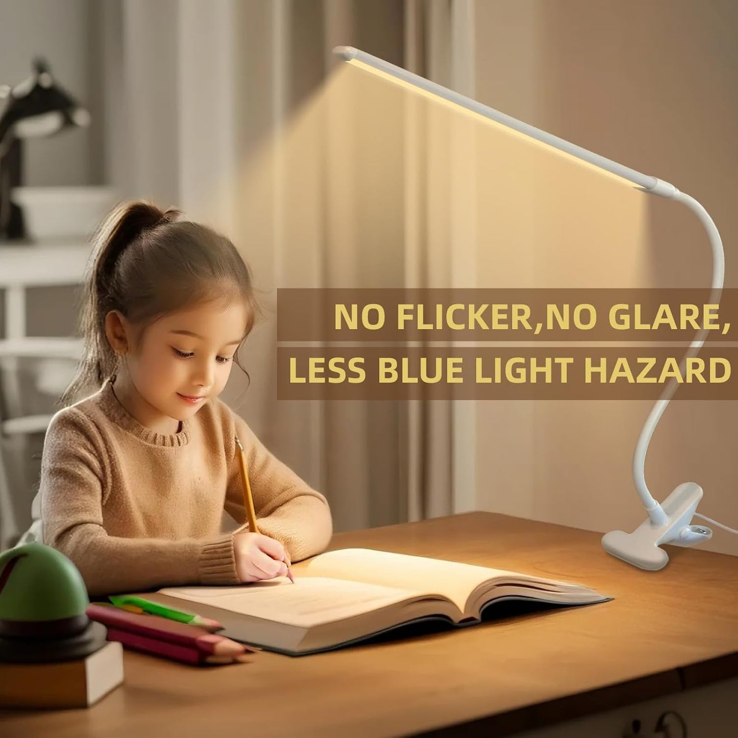 Skiennix Desk Lamp - Flexible Clamp-On Design with 3 Color Modes & 10 Brightness Levels for Kids, Crafts, and Makeup