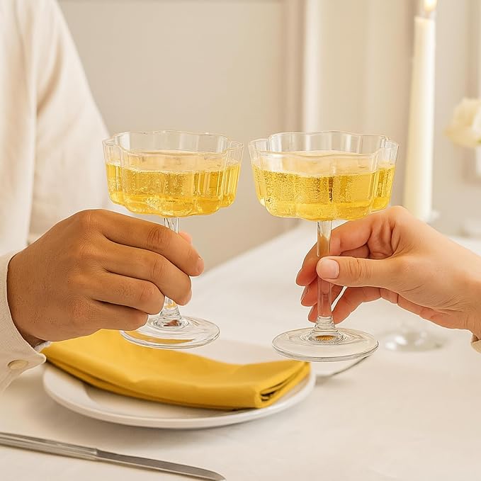 Khen Vintage Wavy Glass Coupes Martini, Champagne & Cocktail Coupes - Set of 2-7oz Colorful Cocktail Glasses & Champagne, Prosecco, Mimosa Glassware Copyright Design - Crystal Clear