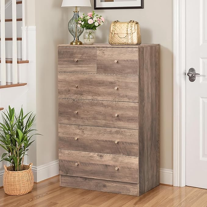 Karl home Grey 6 Drawer Dresser for Bedroom, Modern Wood Dresser Chest of Drawers, Bedroom Modern Nightstand, Anti-Tipping Device, Rose Gold Metal Handle, Living Room, Hallway, Office