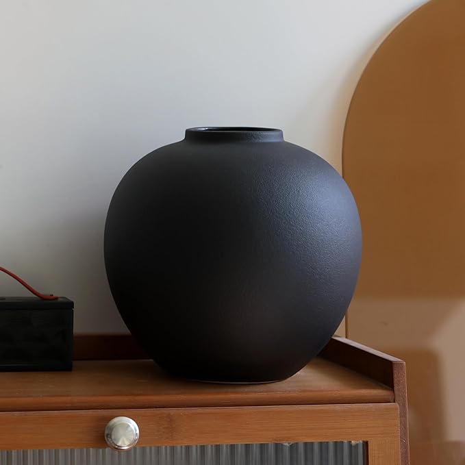 Large Black Ceramic Flower Vase,Decorative Jar Flower Vase, Decorative Jar Modern Centerpiece Table Decorations,Rustic Ceramic vases for Home Decor Dining Room(Black, 0614)