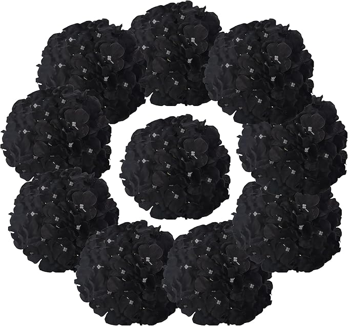 10PCS Silk Hydrangea Heads with Stems Artificial Flowers for Wedding Party Home Decor (Black)