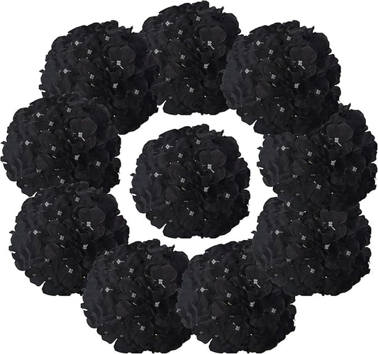 10PCS Silk Hydrangea Heads with Stems Artificial Flowers for Wedding Party Home Decor (Black)