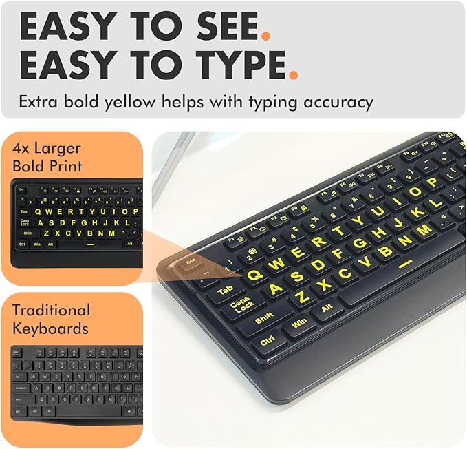 X9 Performance Large Print Wireless Keyboard and Mouse Combo - 4X Larger Oversize Yellow Letters for Seniors and Low Vision Users - 2.4Ghz Wireless Mouse and Keyboard Combo for PC
