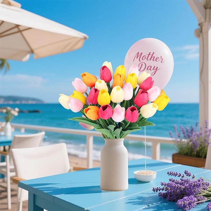 20pcs 14" Tulips Artificial Flowers for Real Touch Fake Tulips Slik Faux Flowers for Summer Wedding Bouquet Spring Mother's Day Home Decor (6 Color)
