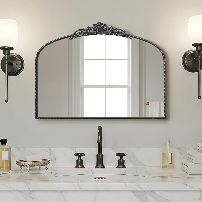 Micasso Vintage Wall Black Mirror: 32"x24" French Baroque Antique Mirror - Traditional Ornate Decorative Arched for Wall/Bathroom/Entryway/Fireplace/Hallway - Home Decor for Living Room