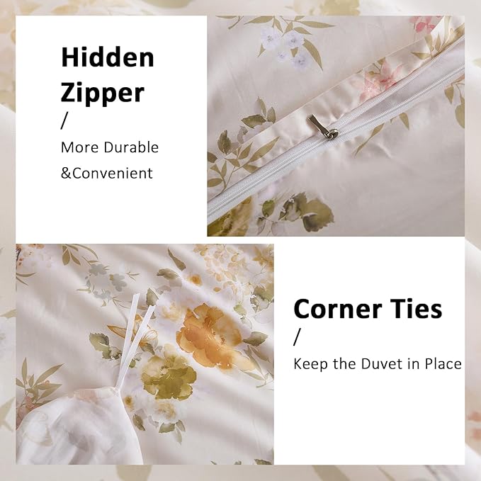 100% Cotton Duvet Cover King Size – Elegent Yellow Floral Duvet Cover Set with Zipper Closure & Corner Ties, 3-Piece Luxury & Silky Soft Bedding Set for All Seasons