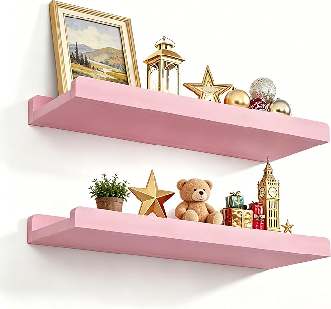 Love-KANKEI Floating Shelves Wall Mounted Set of 2, 17 Inch Rustic Wood Wall Shelves for Storage, Bedroom Living Room Bathroom Kitchen Office and More Pink