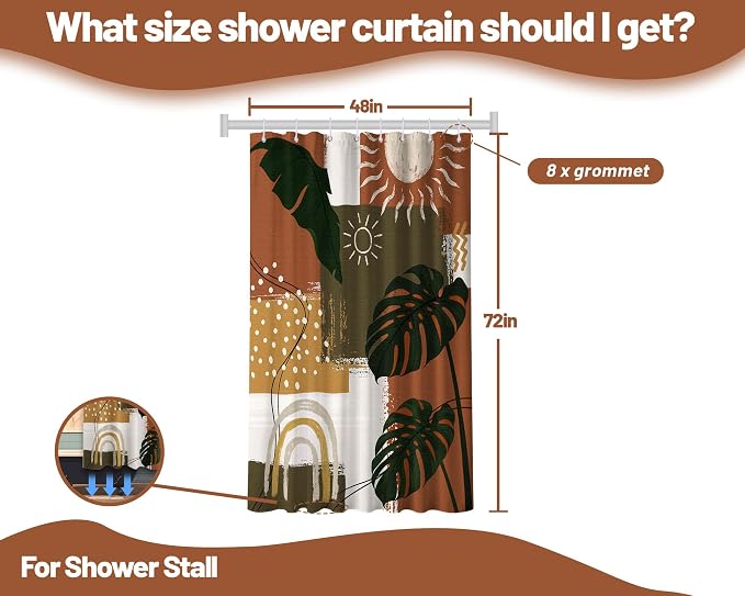 Small Stall Narrow Shower Curtain Mid Century Modern Stand Up Abstract Tropical Leaf Shower Curtains for Rv Camper Bathroom Decor Sets, Waterproof Cloth Fabric with Hooks, 48 x 72 Inch