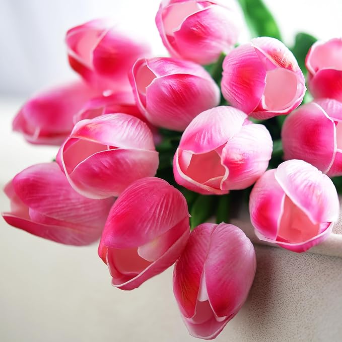 FiveSeasonStuff Real Touch Tulips Artificial Flowers – 15 Stems Faux Tulip Bouquet in Gift Box for Wedding, Home Decor, Party, Floral Arrangements (Creamy Pink)