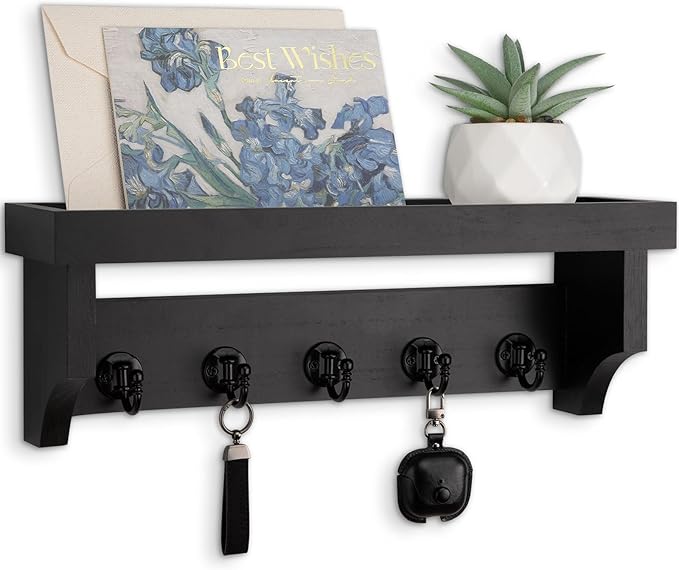 Lucundm Key and Mail Holder Wall Mount, Key Holder with Shelf and Mail Organizer Wall Mount. Mail Holder with 5 Hooks for Coat, Dog Leash, Home Decor Rack, Entry Way Organizer (Black)