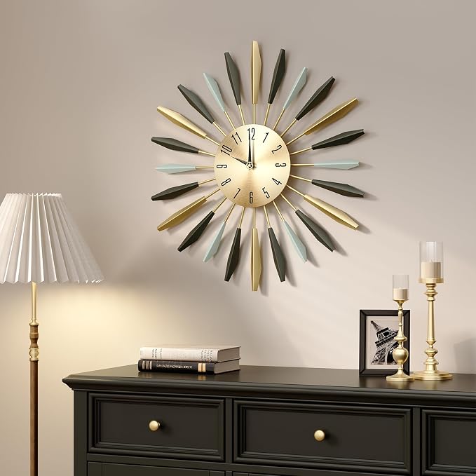 Cuspin Mid Century Modern Wall Clock, Large Colorful Starburst 28 Inch Wall Clock Battery Operated, Metal Decorative Sunburst Clocks for Living Room Kitchen Bedroom Office Decor