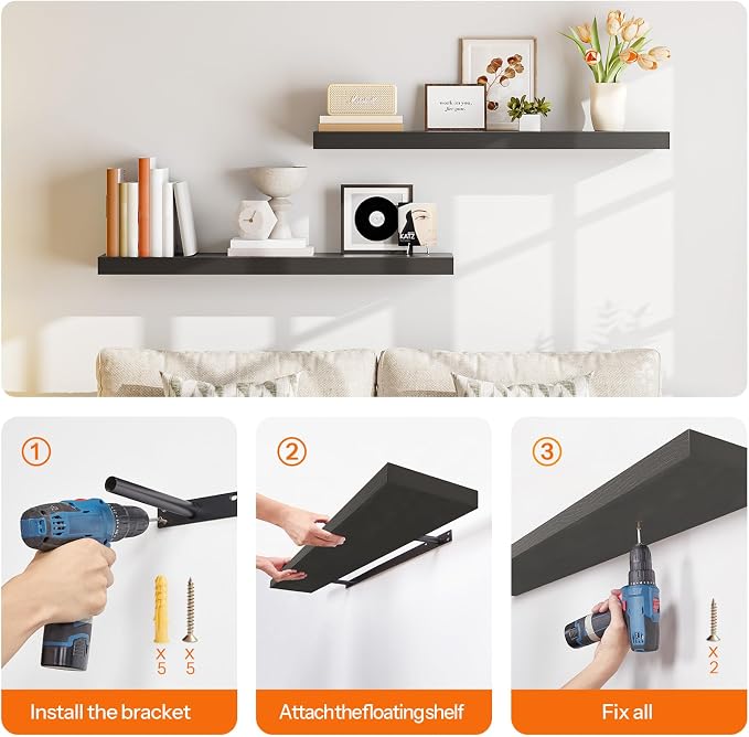 HOOBRO Floating Shelves for Wall, Wall Mounted Shelf Set of 2, 39.4" Hanging Shelf with Invisible Brackets, for Wall Decor Storage in Bathroom Bedroom Kitchen Living Room Office, Black BK100BJP201