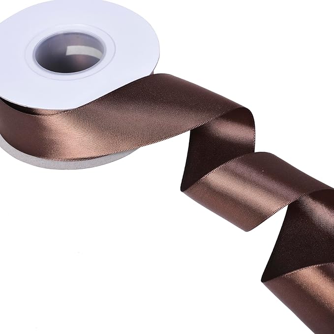 YAMA Brown Double Faced Satin Ribbon, 1 1/2 Inch 25 Yards, Great for Crafts Bows Flower Bouquet Wedding Home Decor Gift Wrapping