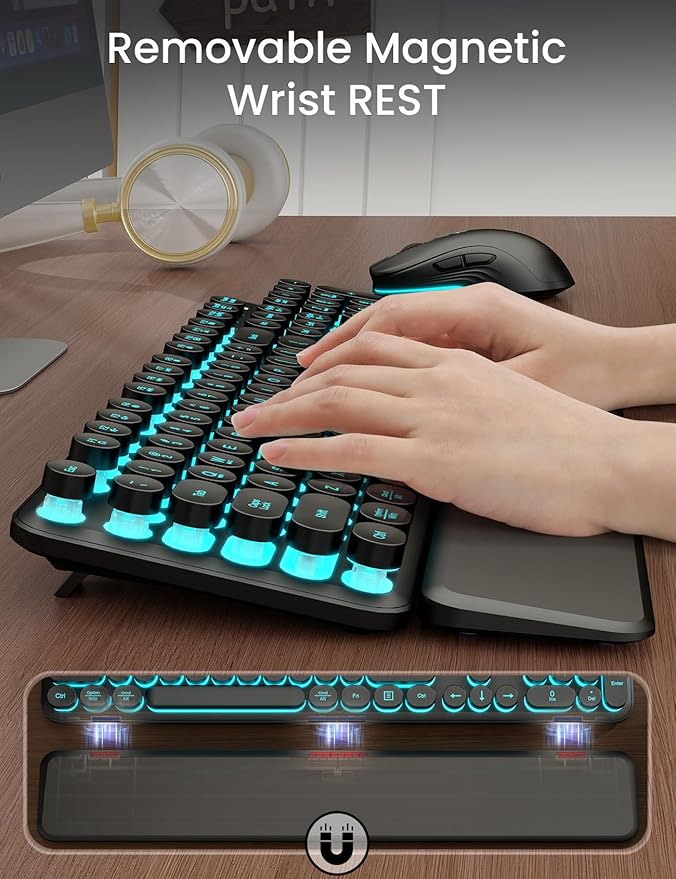 Wireless Keyboard and Mouse Backlit - Typewriter Keyboard with Magnetic Wrist Rest, Retro Round Keycaps, Light Up Letters, 2.4GHz Cordless Combo for Mac, Windows, PC, Laptop, Trueque [Upgraded]
